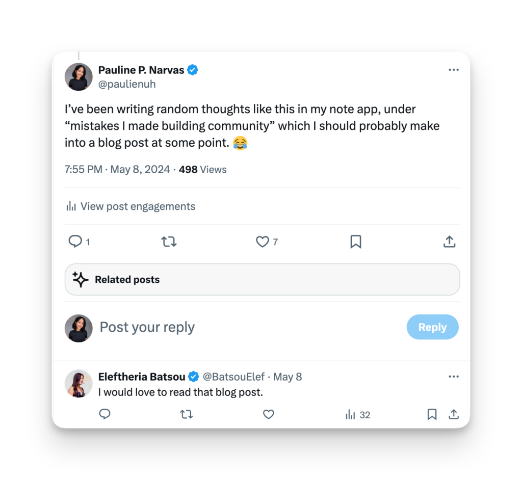 Screenshot of a tweet by Pauline about writing this blog post