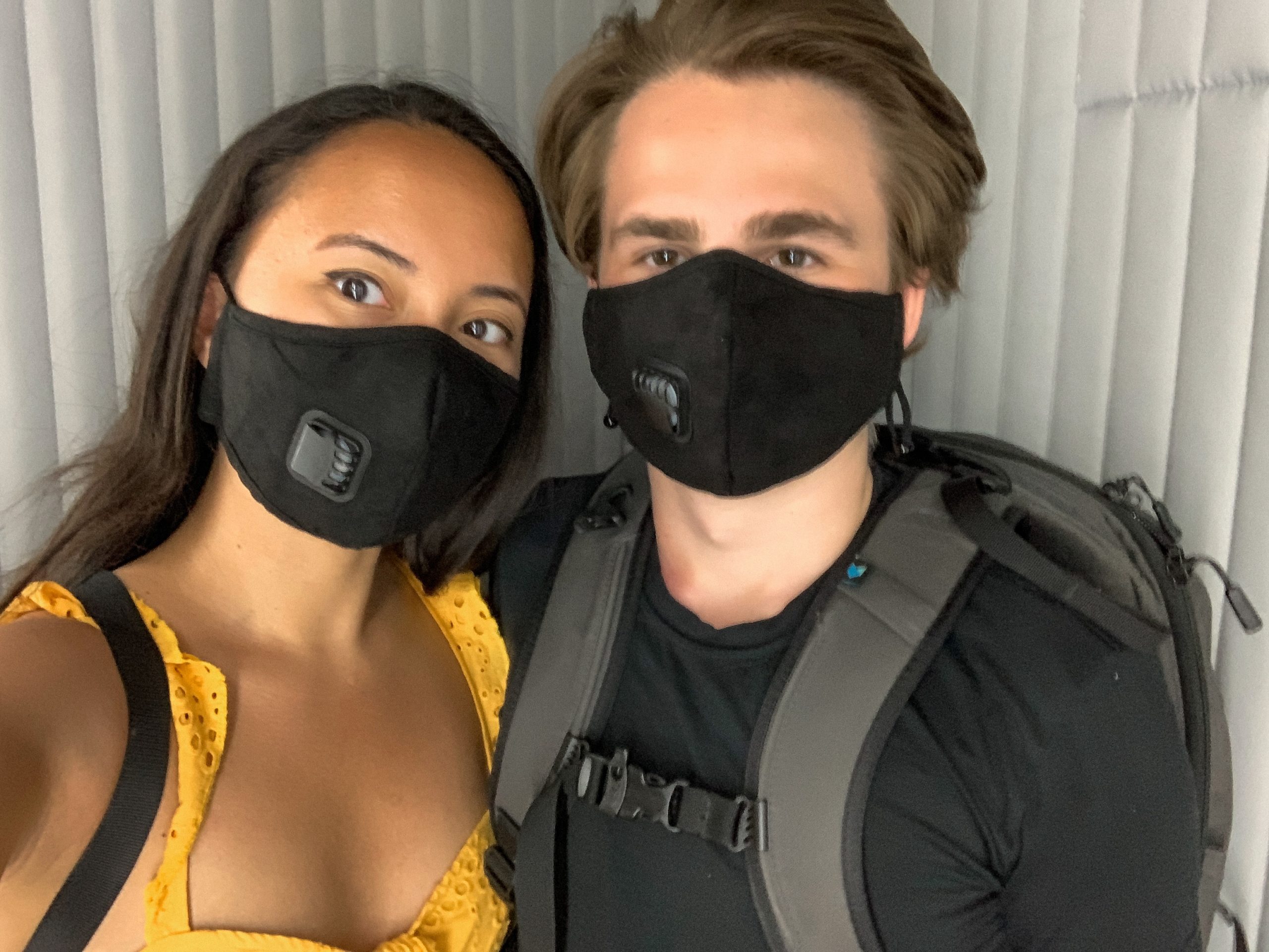 M and Pauline wearing face masks.