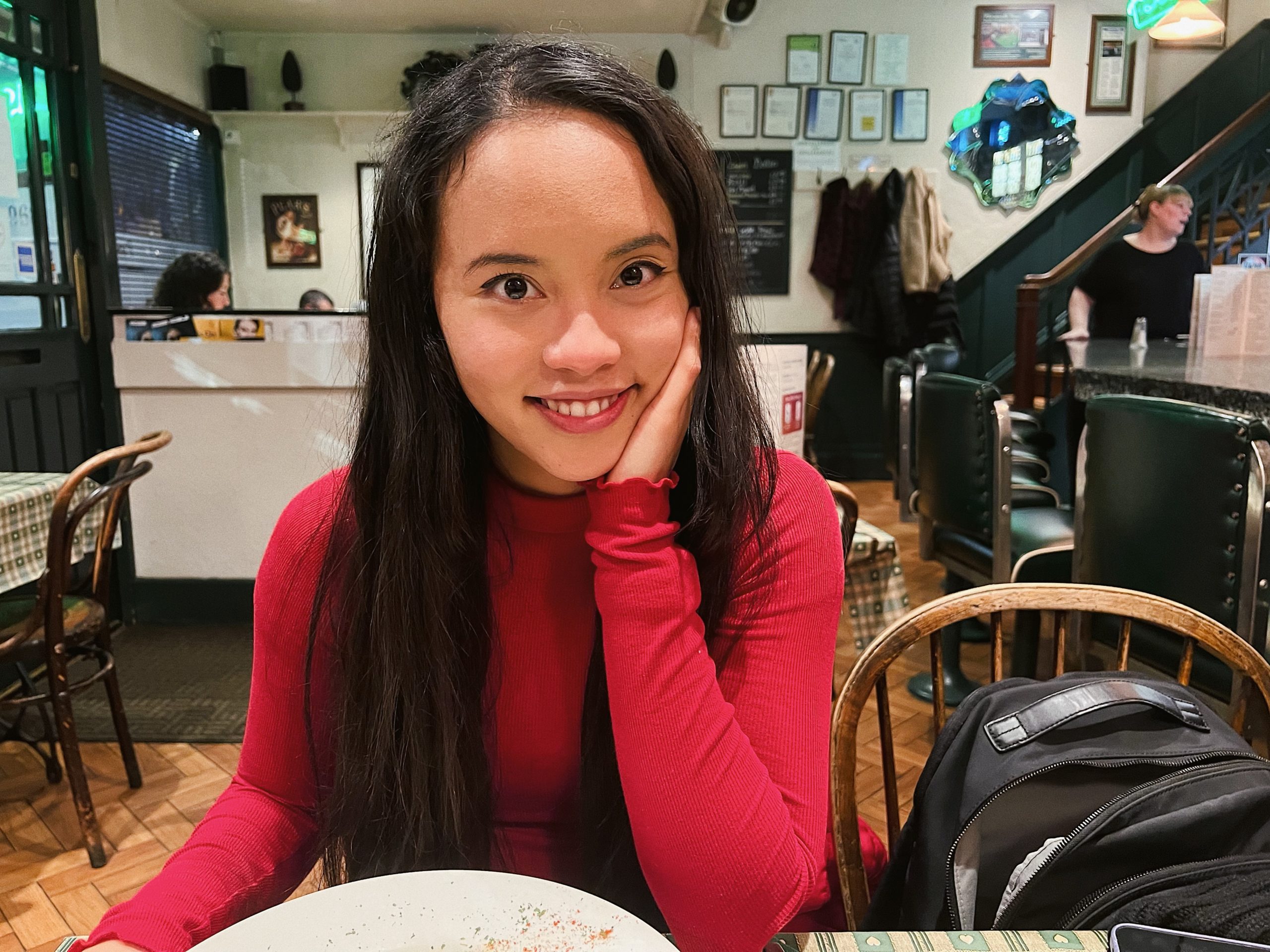 Pauline in a Italian restaurant