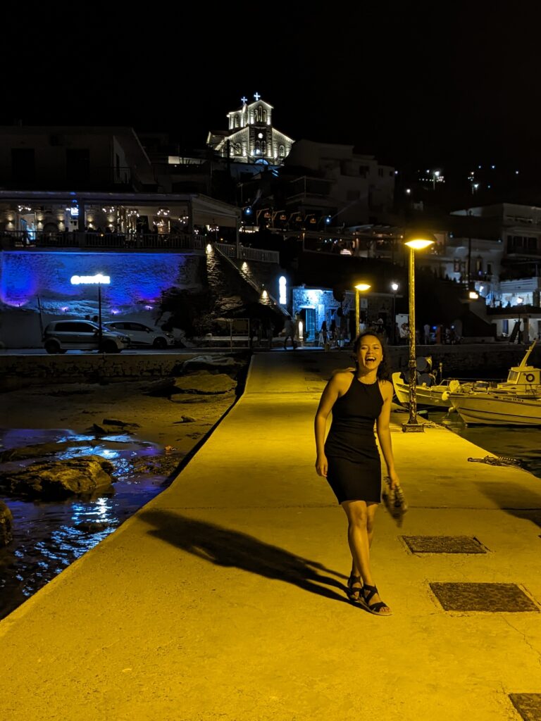 Pauline in Andros, laughing at the camera