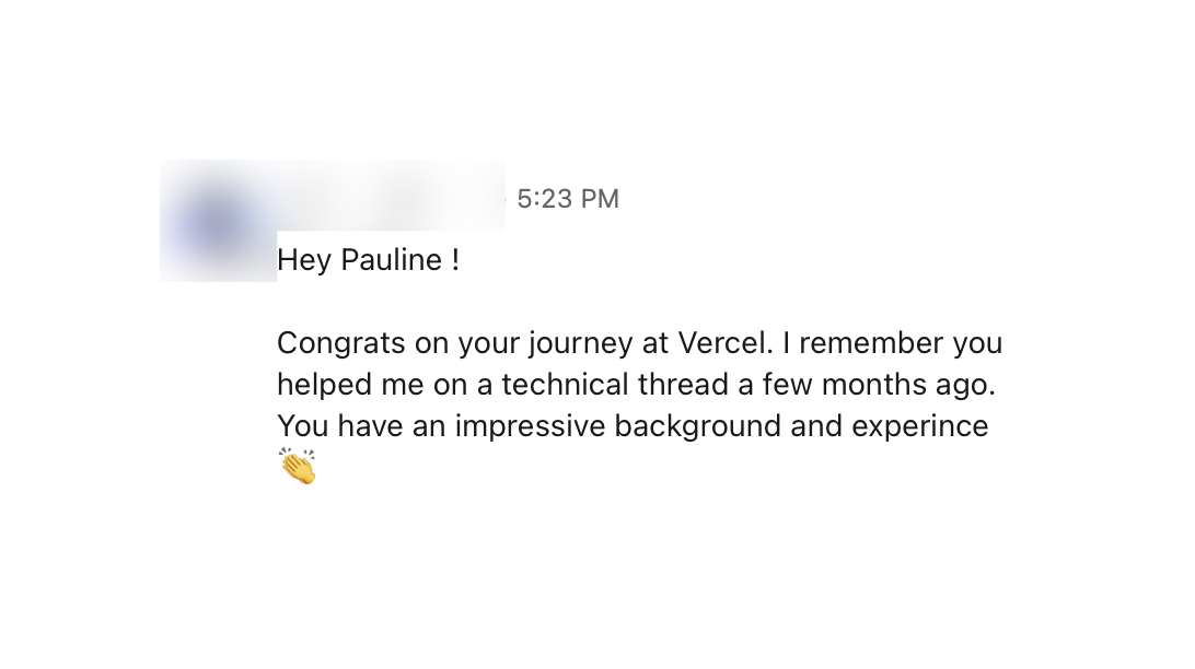 A blurred message thanking Pauline for helping on a technical Vercel community thread