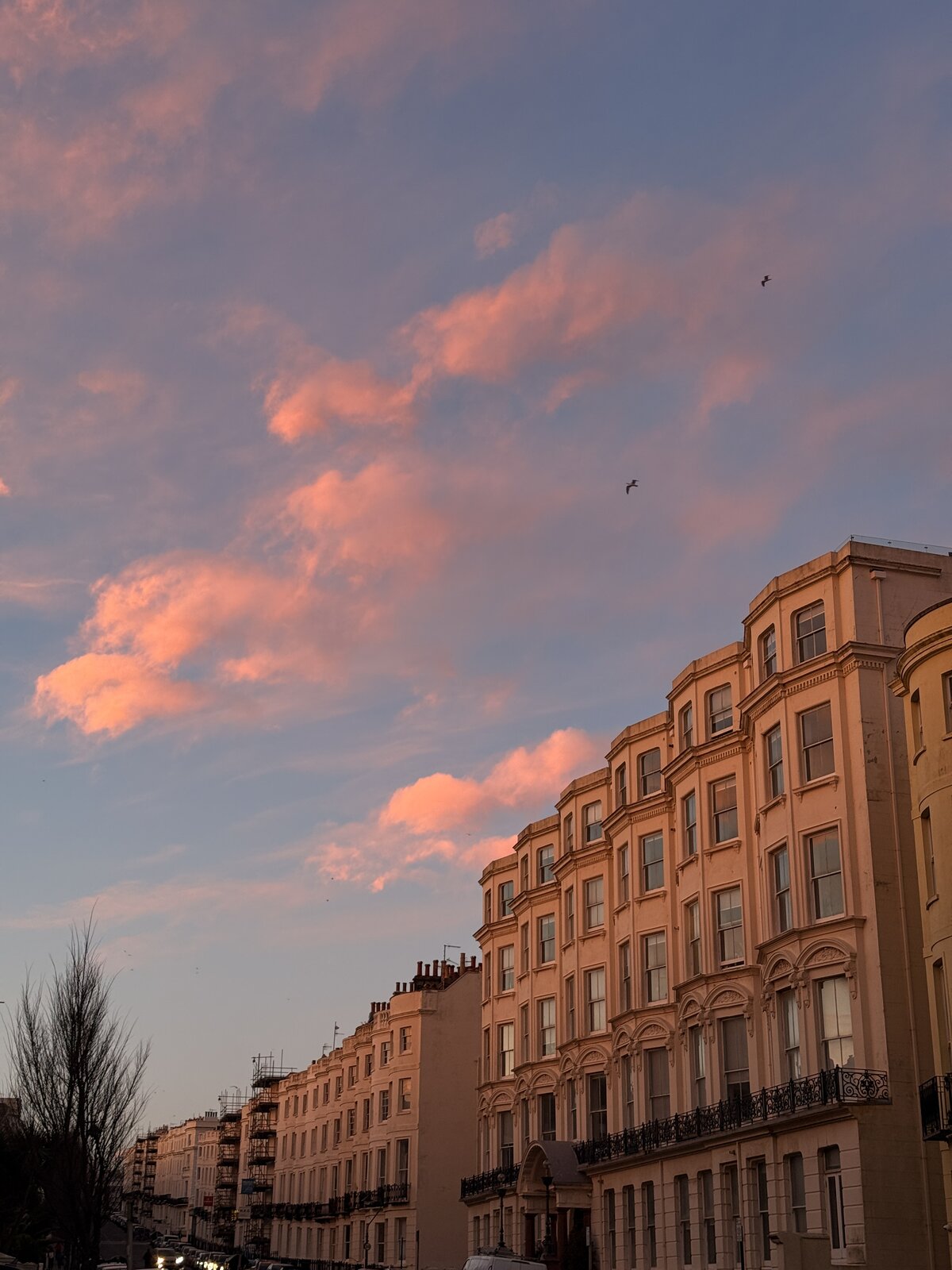Pink sunset clouds above the buildings on Brighton seafront