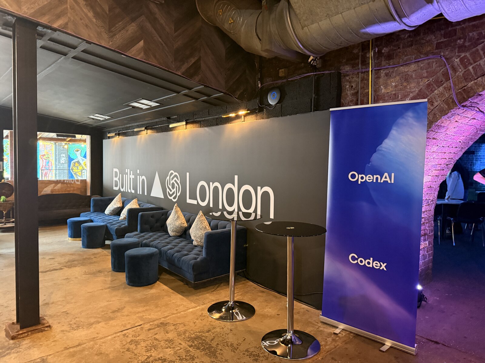 The Built in London venue with OpenAI and Codex branding at a Vercel and OpenAI builders event